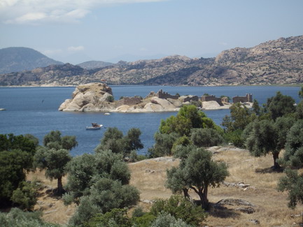 Lake Bafa and monastery on a small island